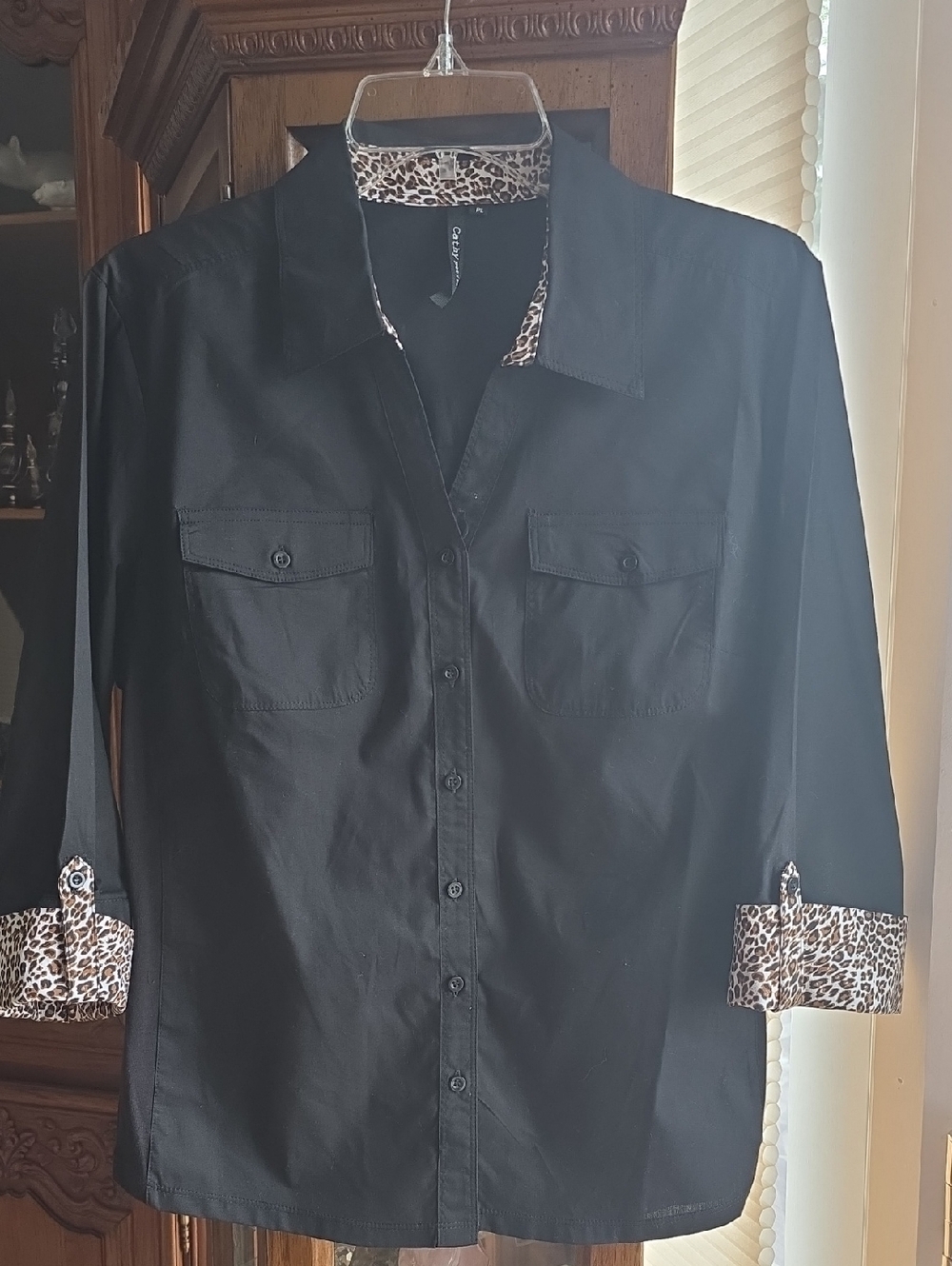 Black Button-Up Shirt with Leopard Trim - Women